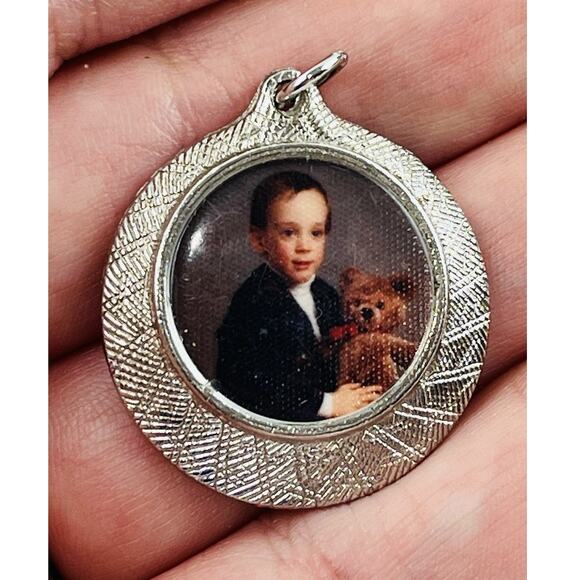 Photo Charm Pendant Silver Toned Picture Frame Vintage Boy w/ Bear 60s 80s Old - Picture 1 of 10